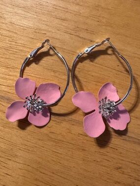 Silver Tone Pink Flower Rhinestone Hoop Earrings